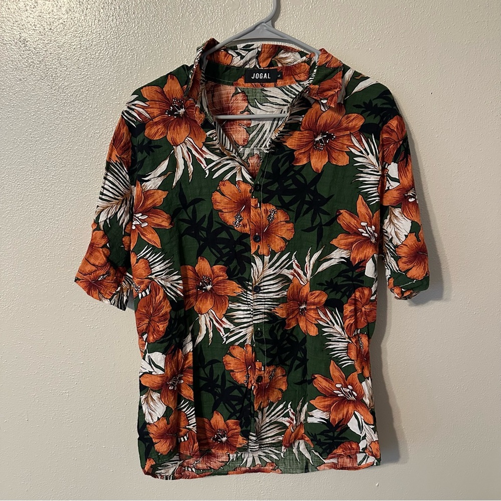 VTG Jogal Men Shirt Large Green Orange Camp Flowers Tropical Aloha Drapes Body L